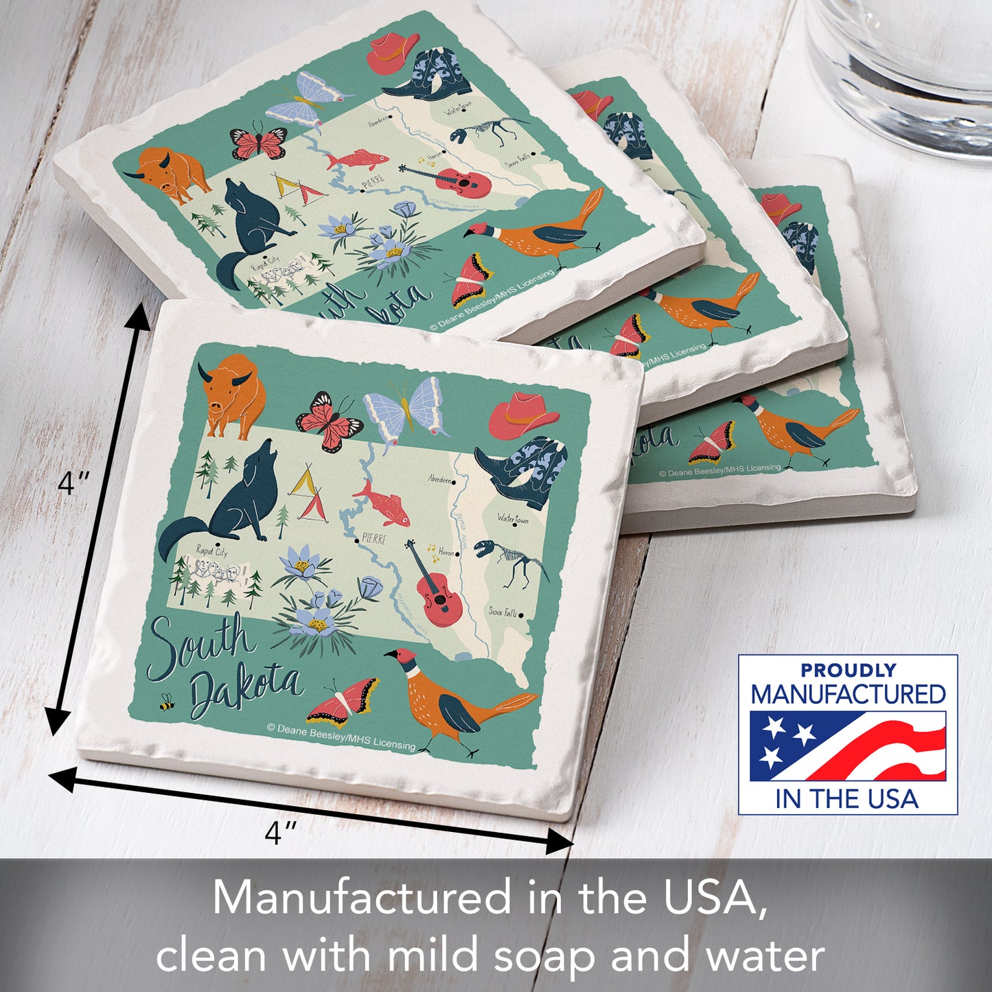 Thirstystone South Dakota Home State 4 Pack Tumbled Tile Stone Coasters 4" Square Manufactured in the USA