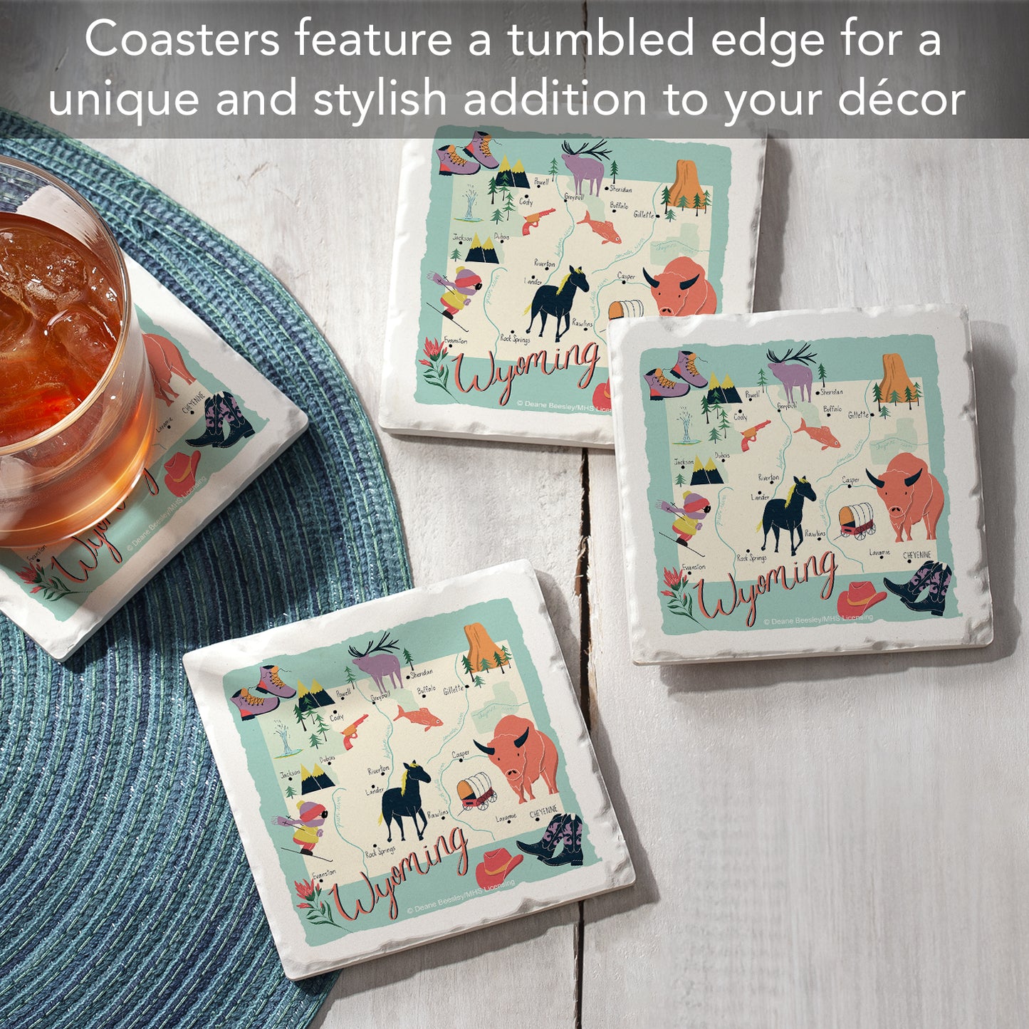 Thirstystone Wyoming Home State 4 Pack Tumbled Tile Stone Coasters 4" Square Manufactured in the USA