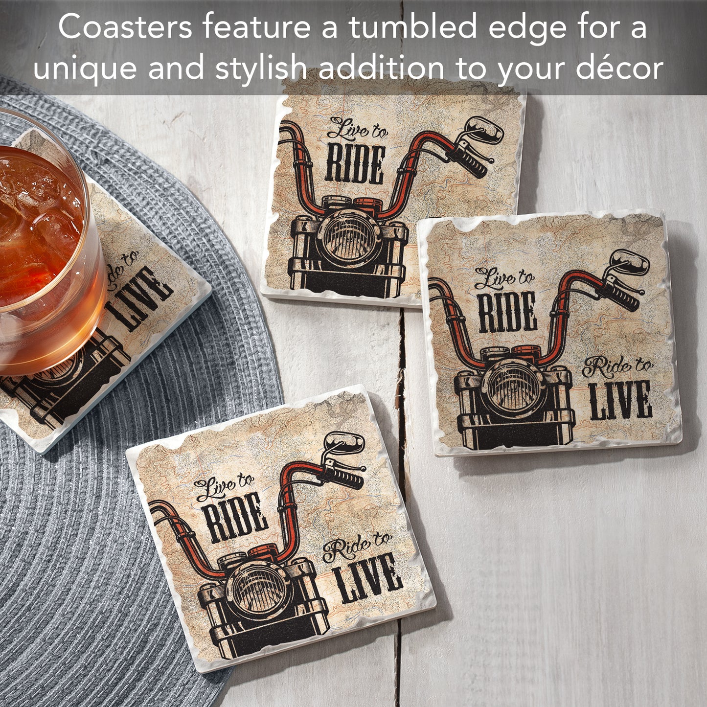 Thirstystone Live to Ride 4-Pack Tumbled Tile Stone Coasters 4" Square Manufactured in the USA