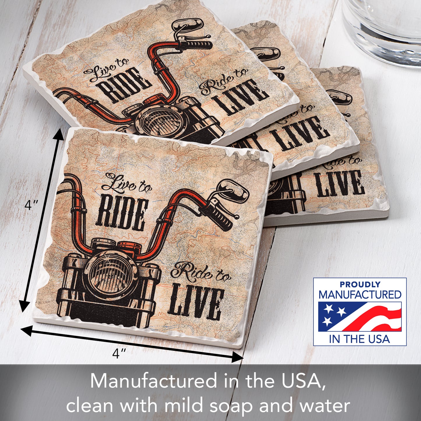 Thirstystone Live to Ride 4-Pack Tumbled Tile Stone Coasters 4" Square Manufactured in the USA