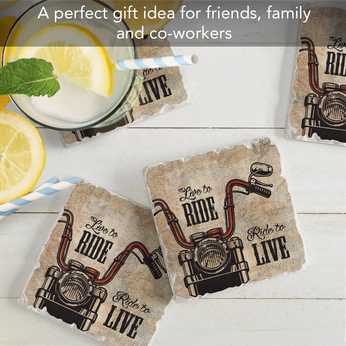 Thirstystone Live to Ride 4-Pack Tumbled Tile Stone Coasters 4" Square Manufactured in the USA