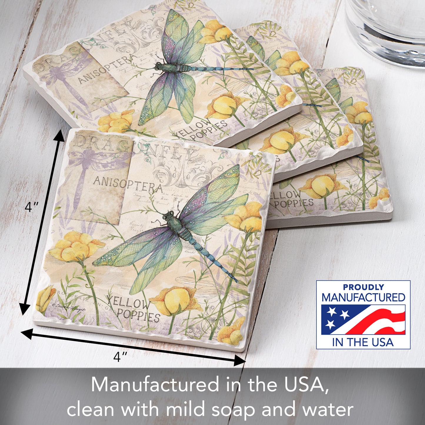 Thirstystone Dragonfly Poppies 4 Pack Tumbled Tile Stone Coasters 4" Square Manufactured in the USA