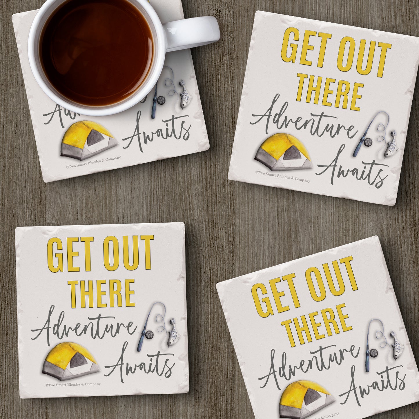 Thirstystone Get Out There 4-Pack Tumbled Tile Stone Coasters 4" Square Manufactured in the USA