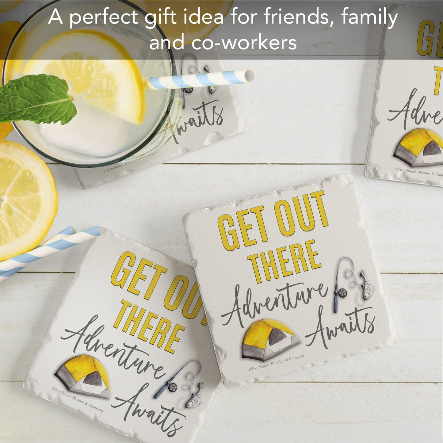 Thirstystone Get Out There 4-Pack Tumbled Tile Stone Coasters 4" Square Manufactured in the USA