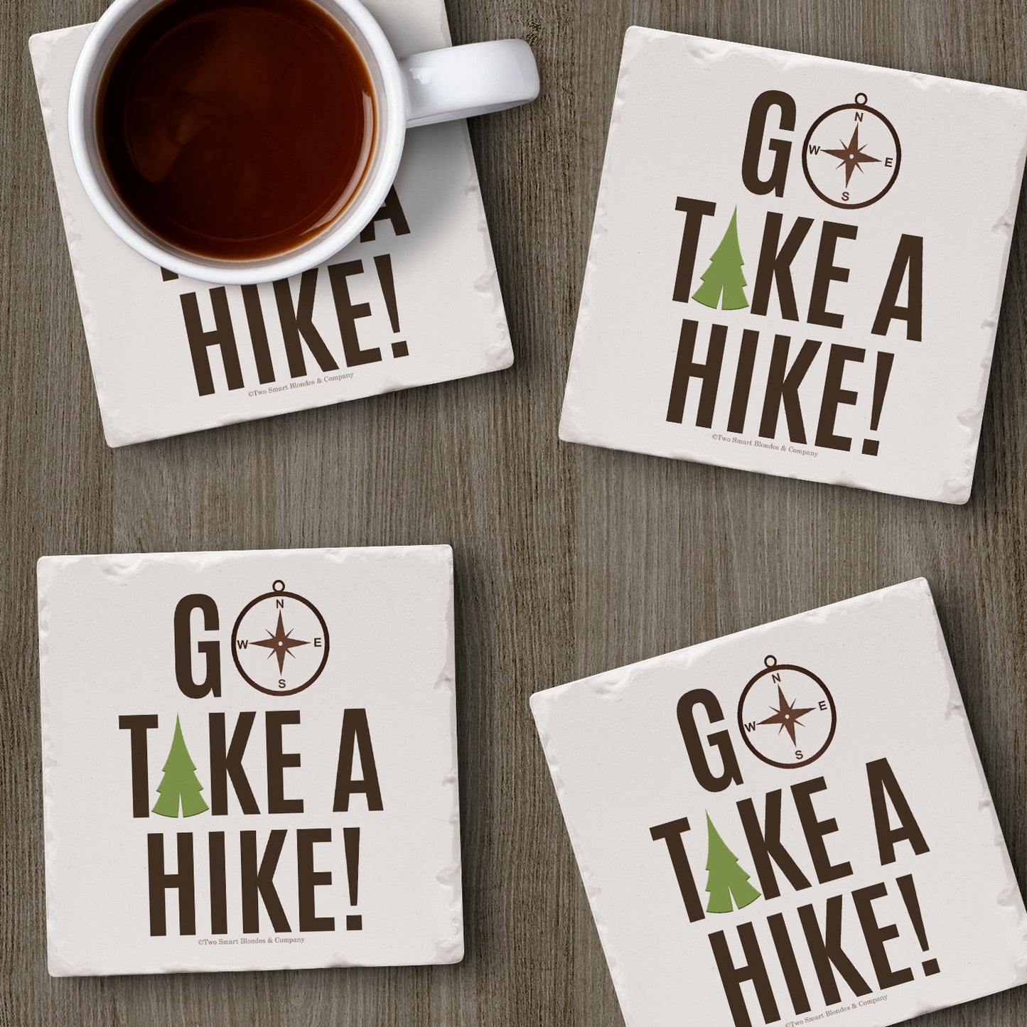Thirstystone Go Take A Hike 4-Pack Tumbled Tile Stone Coasters 4" Square Manufactured in the USA