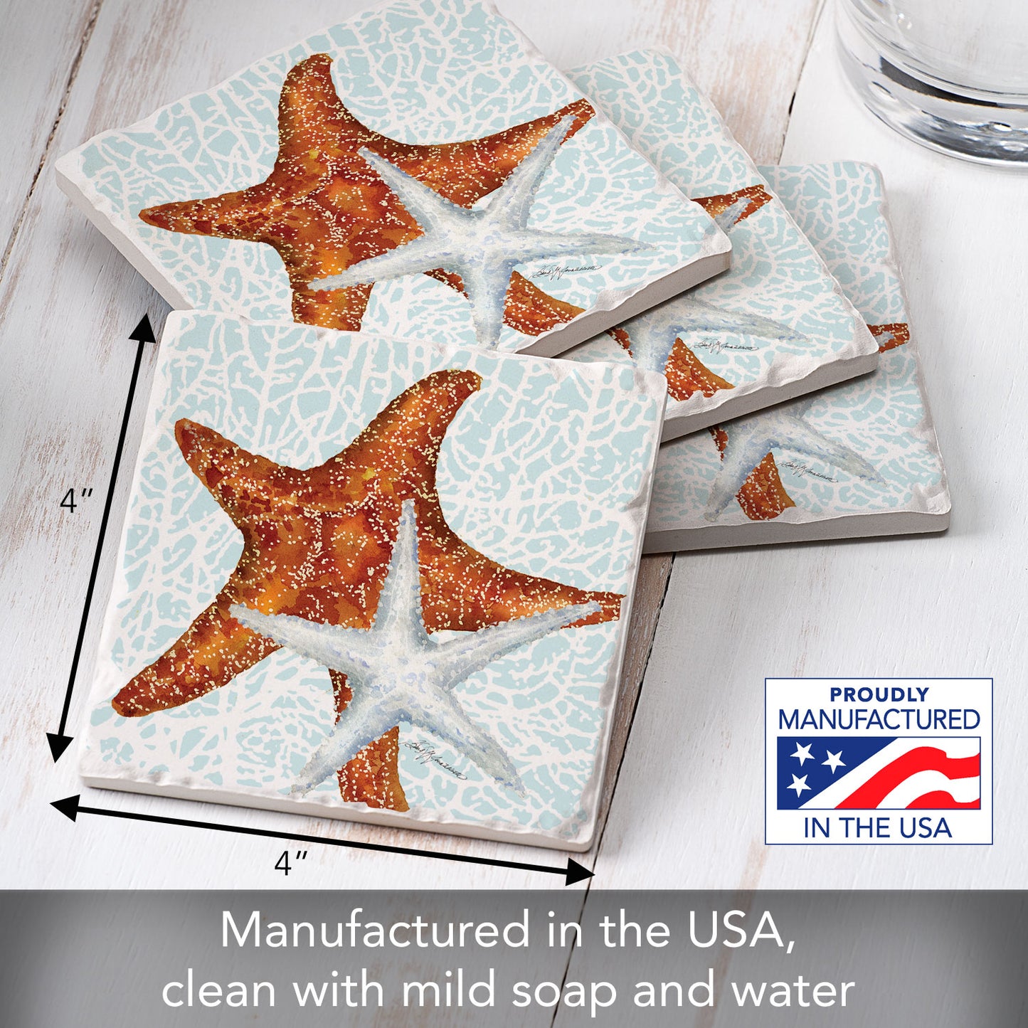 Thirstystone Seas The Day Starfish 4-Pack Tumbled Tile Stone Coasters 4" Square Manufactured in the USA
