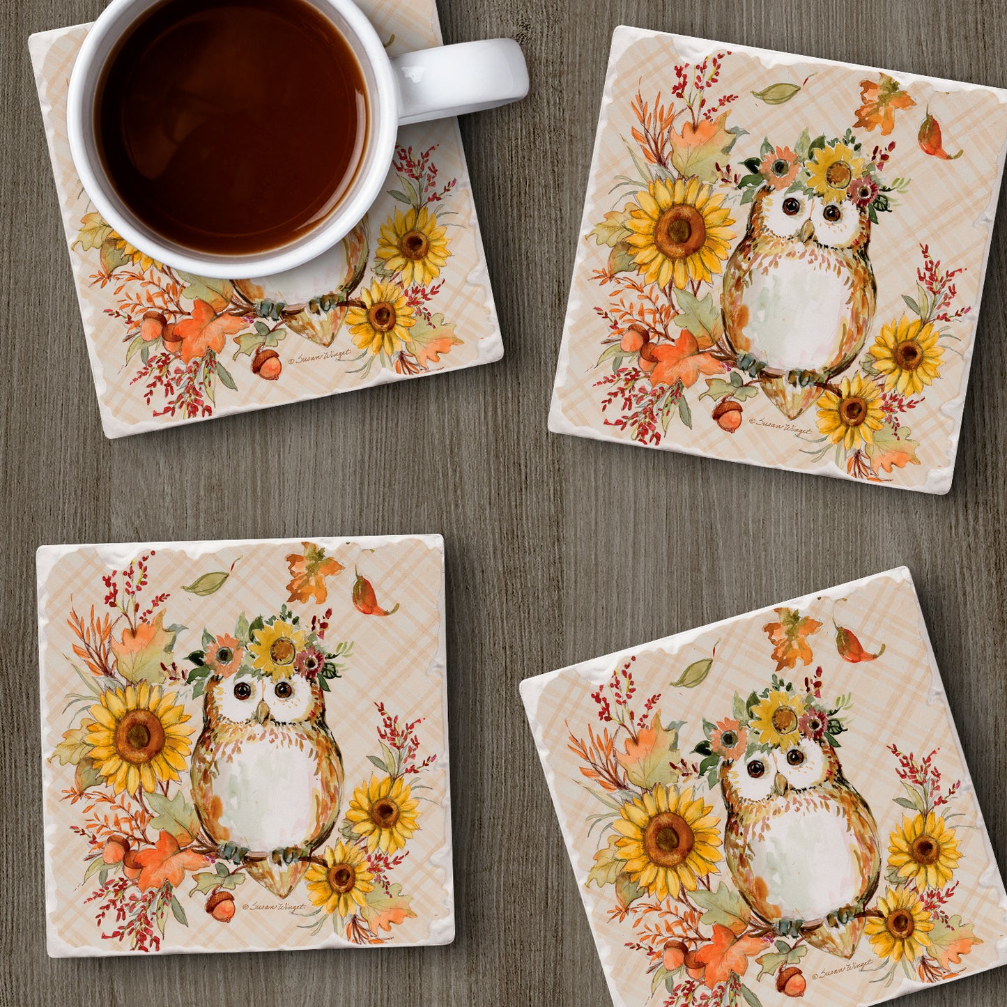 Thirstystone Friendly Owl 4 Pack Tumbled Tile Stone Coasters 4" Square Manufactured in the USA