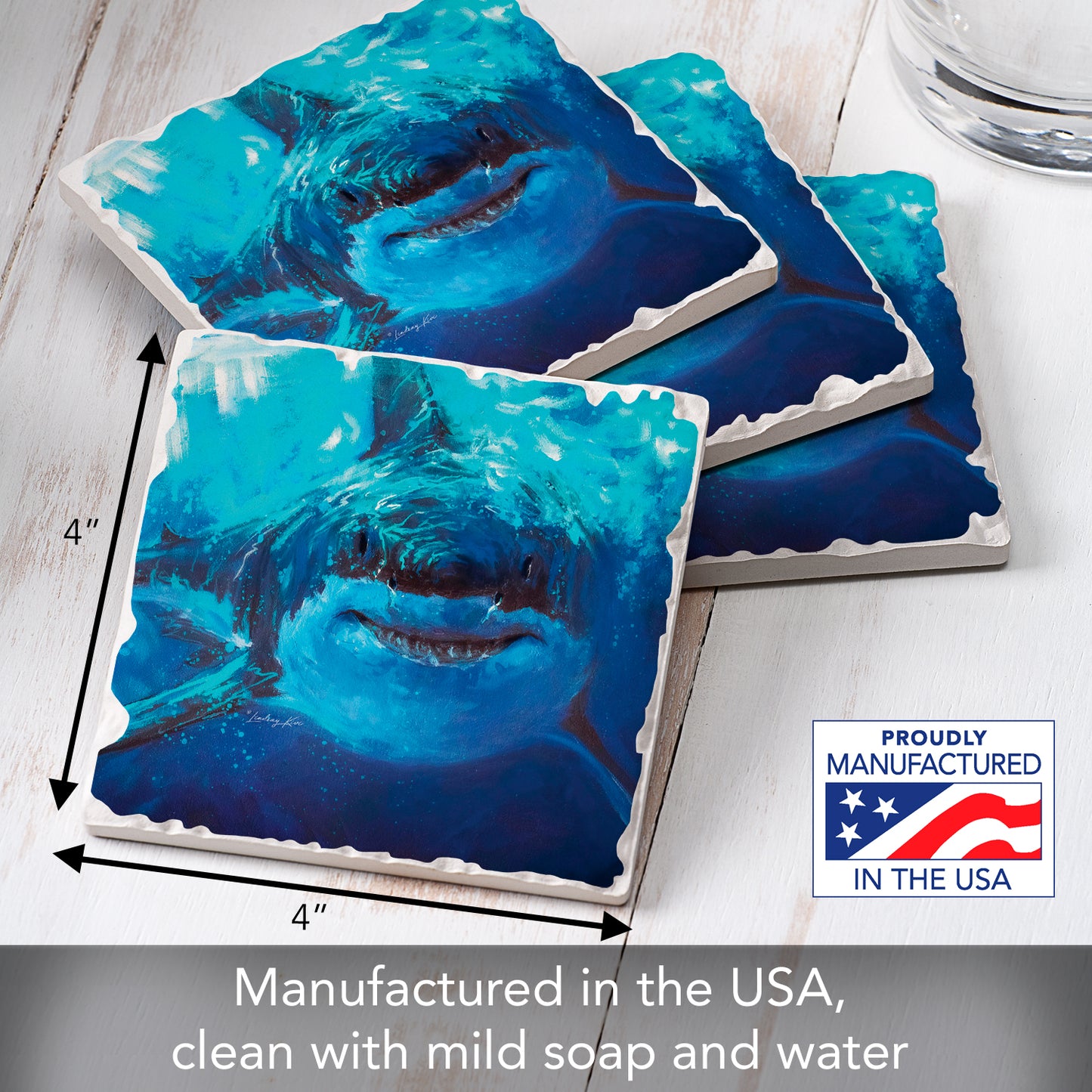 Thirstystone Deep Blue Shark 4 Pack Tumbled Tile Stone Coasters 4" Square Manufactured in the USA