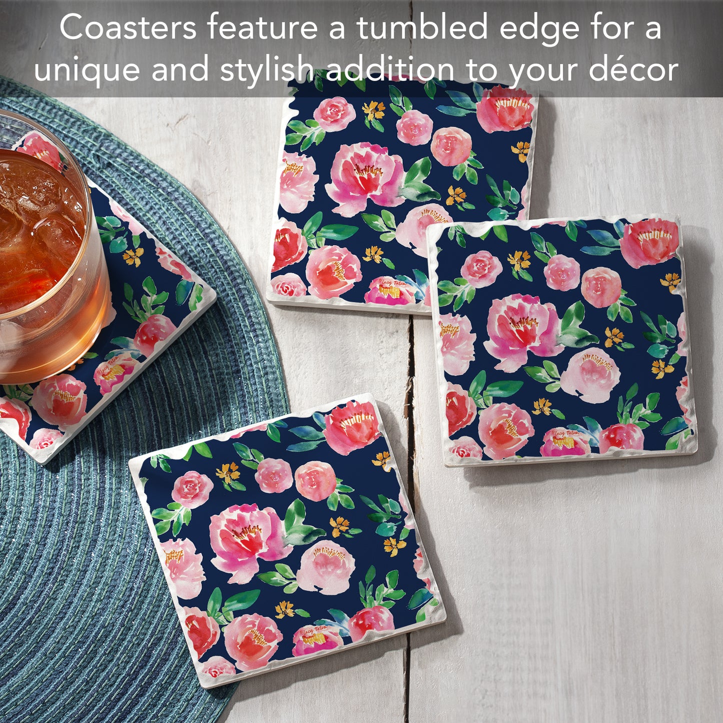 Thirstystone Spring Garden Floral 4 Pack Tumbled Tile Stone Coasters 4" Square Manufactured in the USA