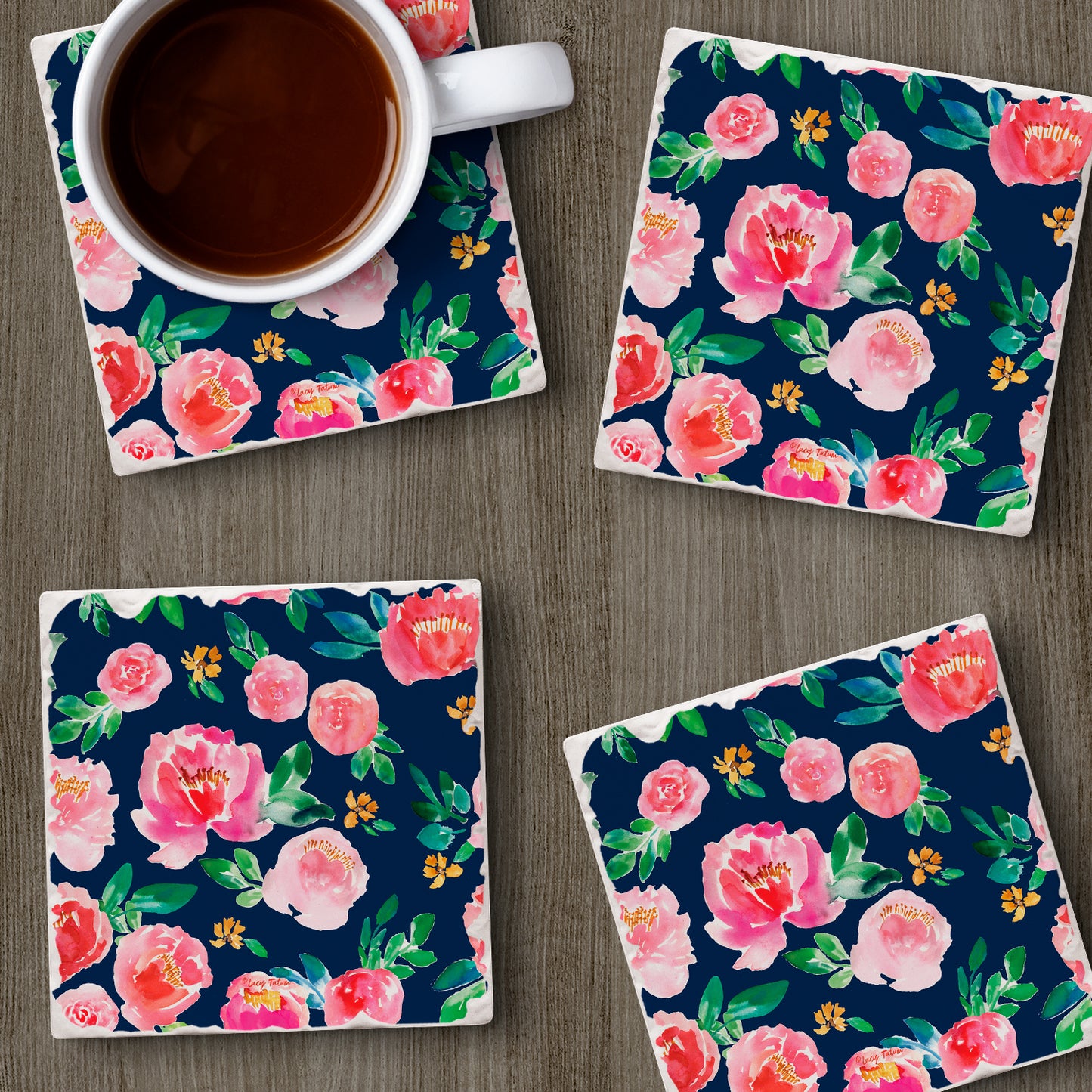 Thirstystone Spring Garden Floral 4 Pack Tumbled Tile Stone Coasters 4" Square Manufactured in the USA
