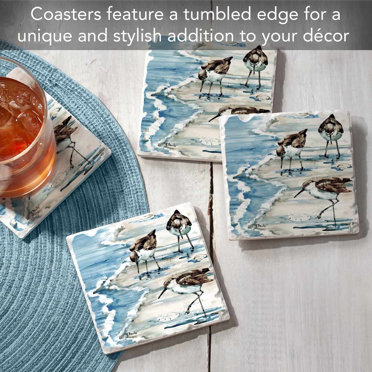 Thirstystone Rockhampton Sandpipers 4 Pack Tumbled Tile Stone Coasters 4" Square Manufactured in the USA