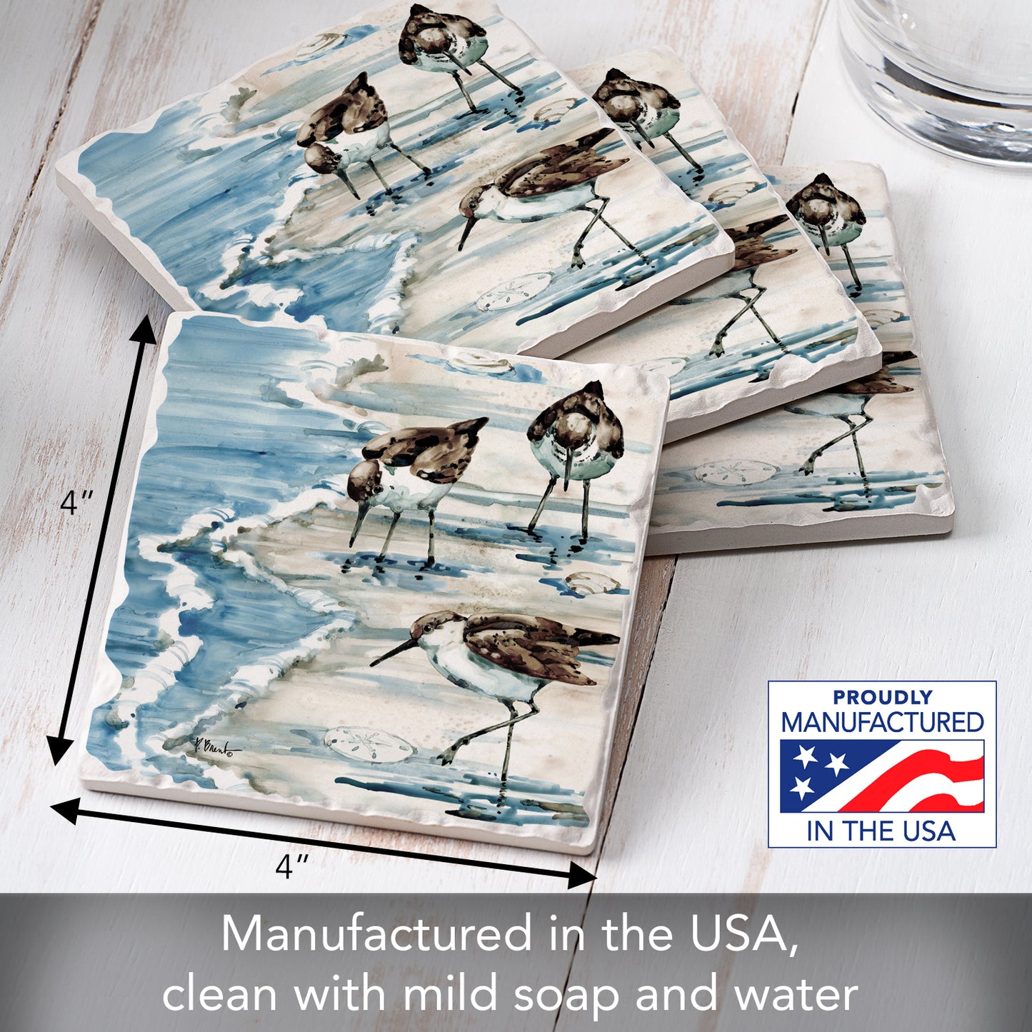 Thirstystone Rockhampton Sandpipers 4 Pack Tumbled Tile Stone Coasters 4" Square Manufactured in the USA