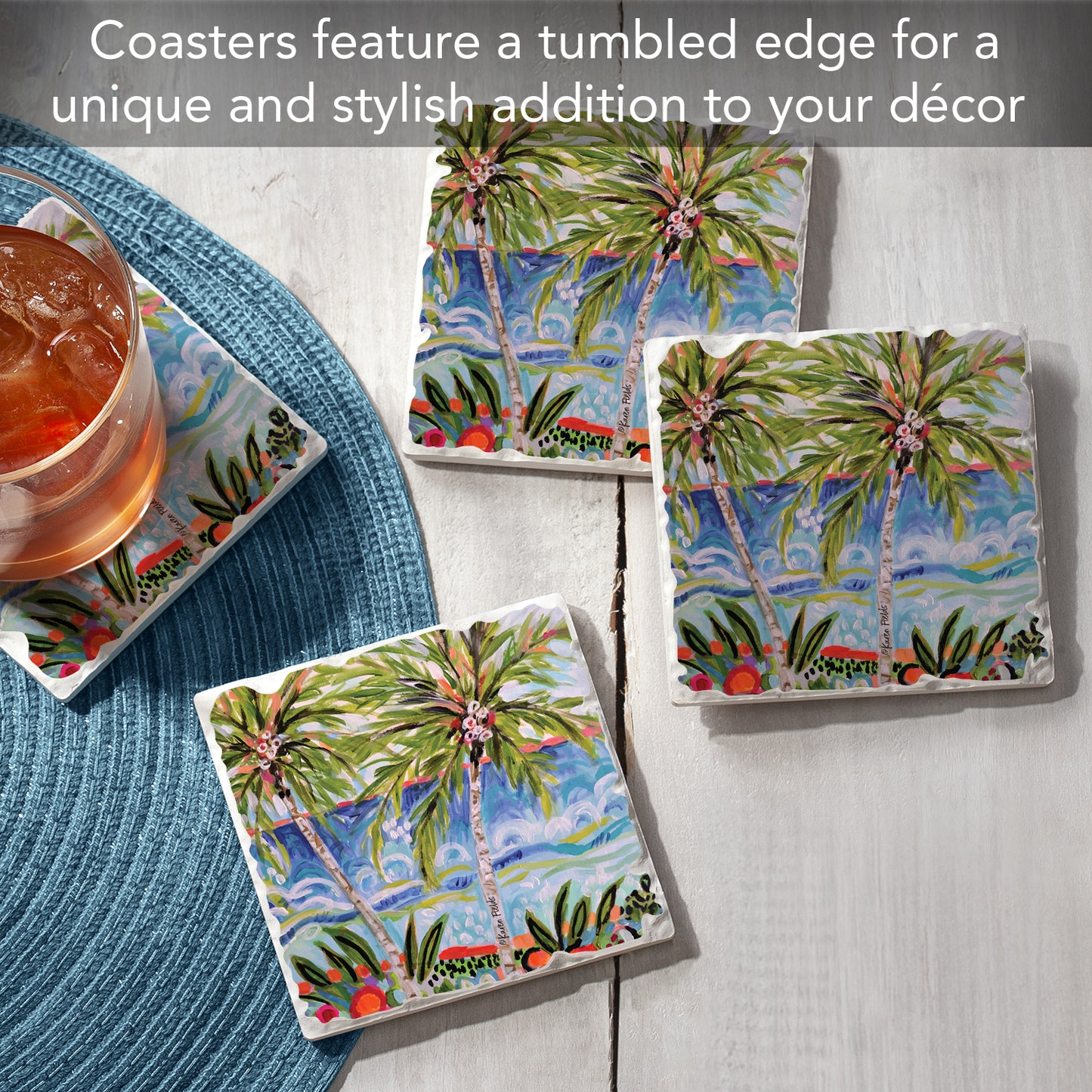 Thirstystone Tropical Vibes 4 Pack Tumbled Tile Stone Coasters 4" Square Manufactured in the USA