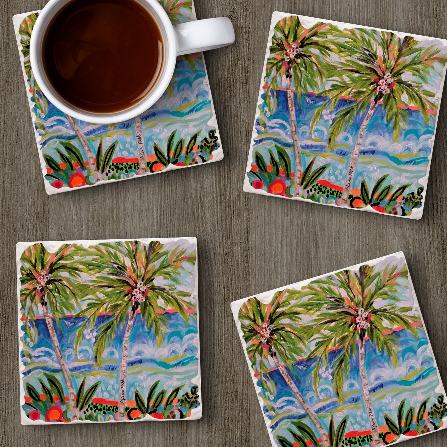Thirstystone Tropical Vibes 4 Pack Tumbled Tile Stone Coasters 4" Square Manufactured in the USA