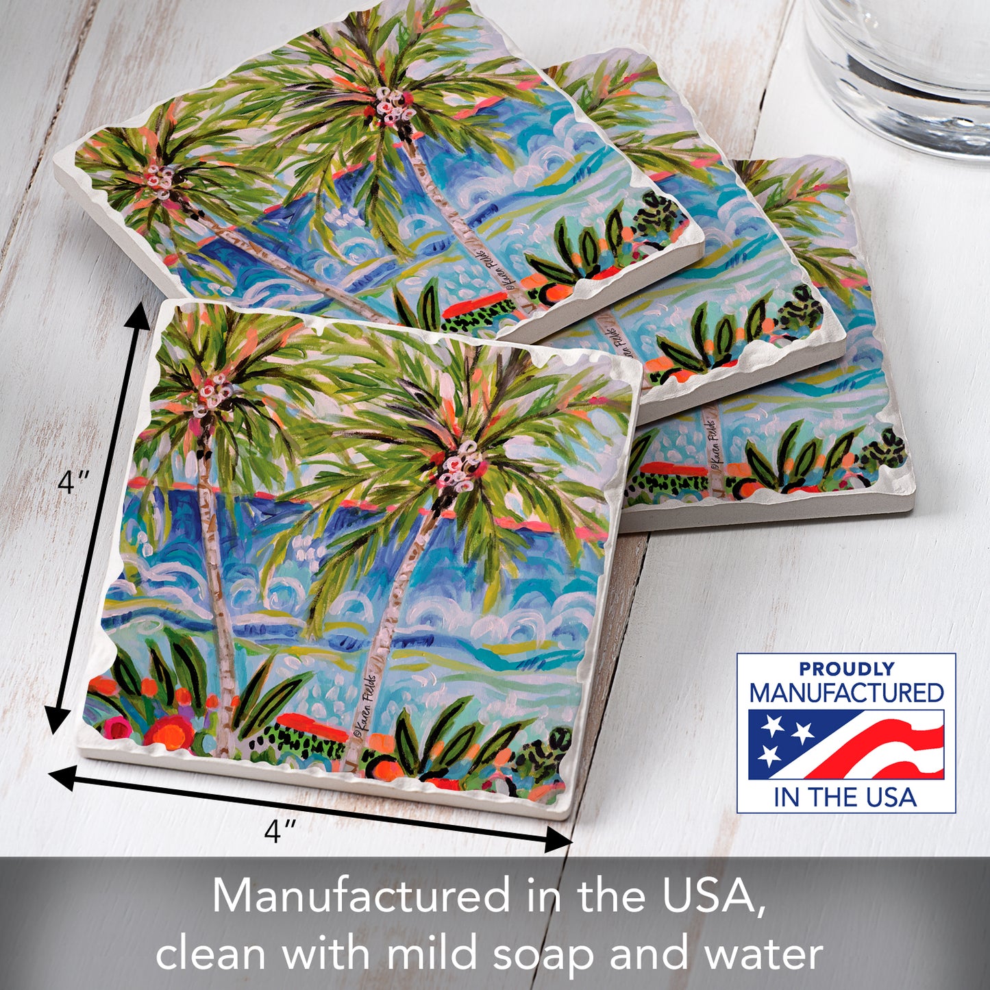 Thirstystone Tropical Vibes 4 Pack Tumbled Tile Stone Coasters 4" Square Manufactured in the USA