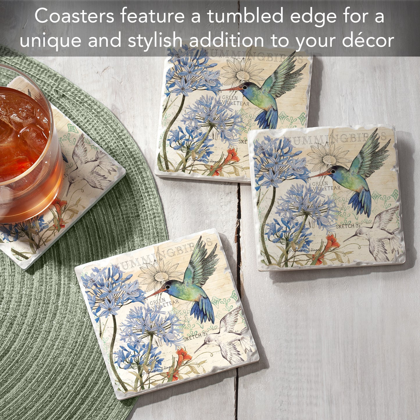 Thirstystone Hummingbird Study 4 Pack Tumbled Tile Stone Coasters 4" Square Manufactured in the USA