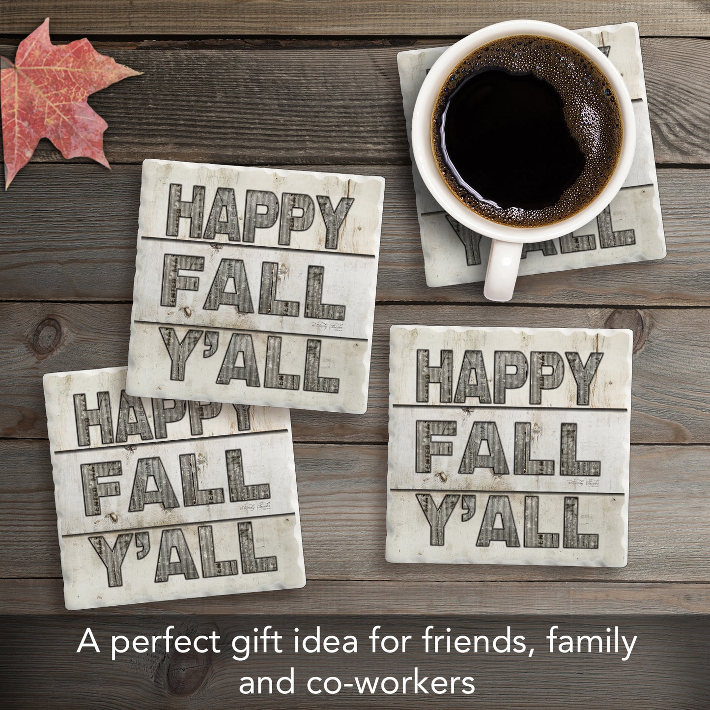 Thirstystone Happy Fall Y'all 4-Pack Tumbled Tile Stone Coasters 4" Square Manufactured in The USA