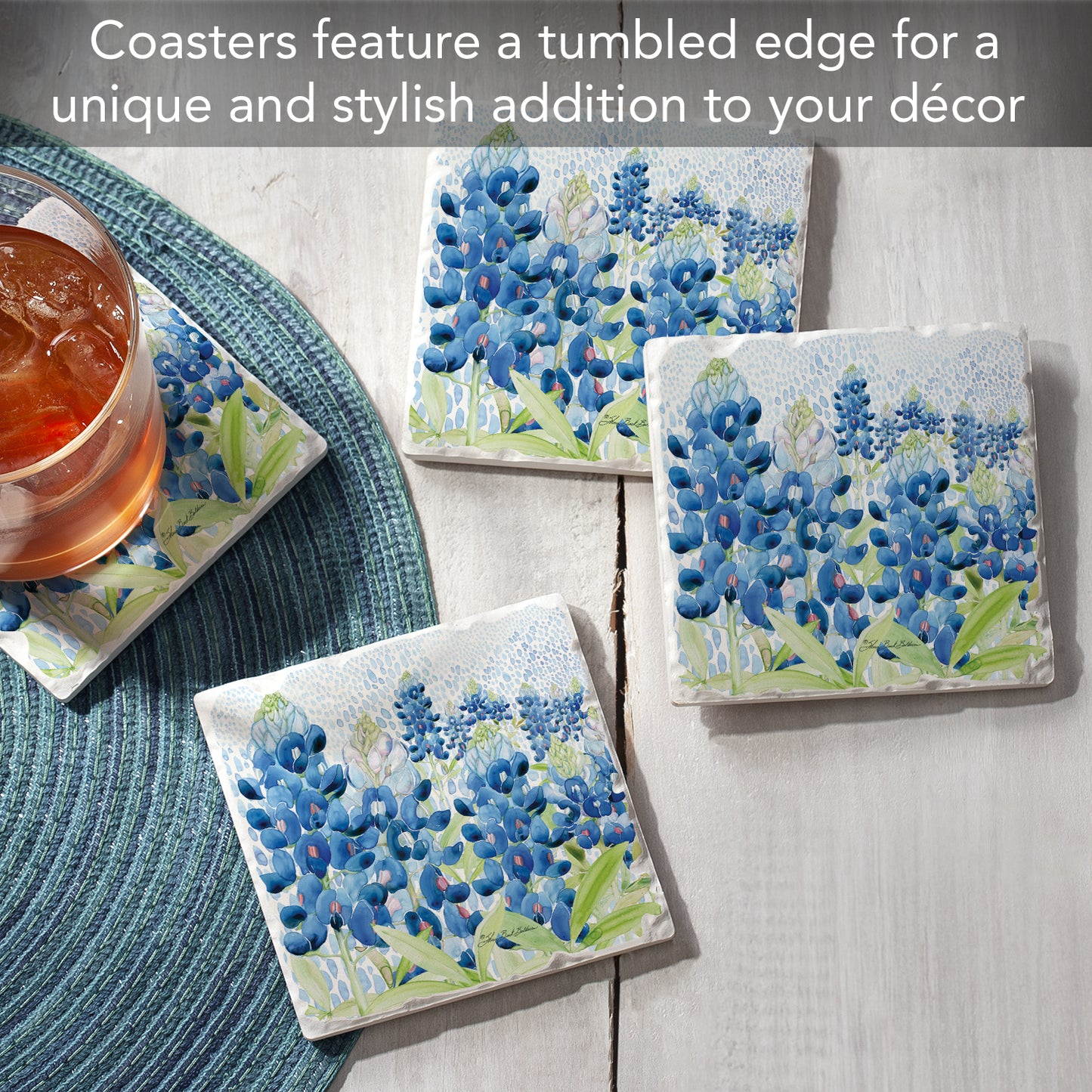 Thirstystone Bluebonnets 4 Pack Tumbled Tile Stone Coasters 4" Square Manufactured in the USA