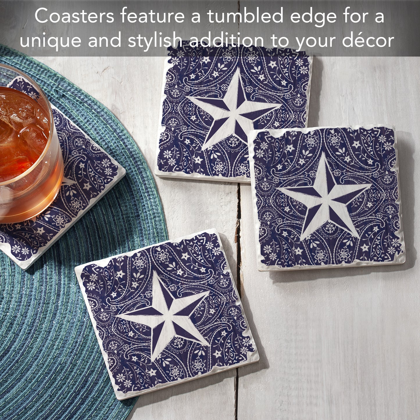 Thirstystone Blue Bandana Star 4-Pack Tumbled Tile Stone Coasters 4" Square Manufactured in the USA