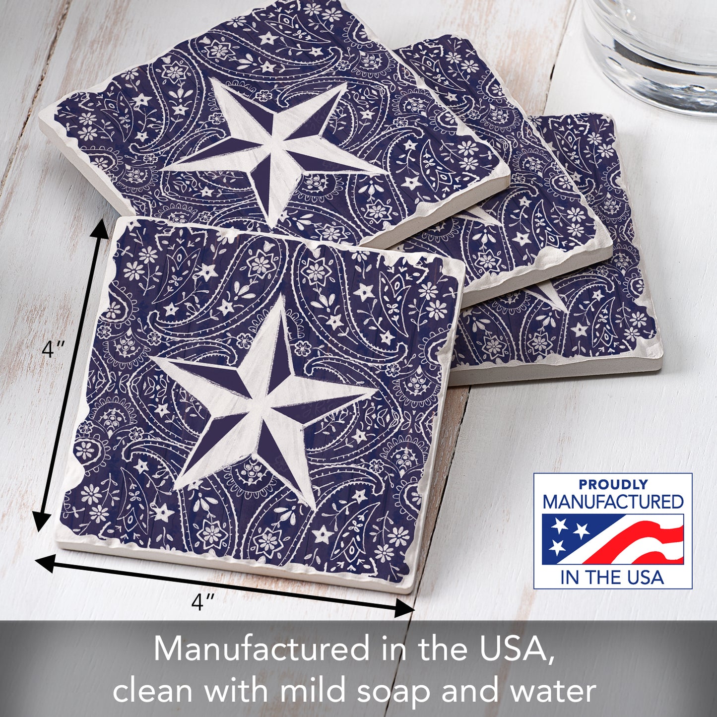 Thirstystone Blue Bandana Star 4-Pack Tumbled Tile Stone Coasters 4" Square Manufactured in the USA