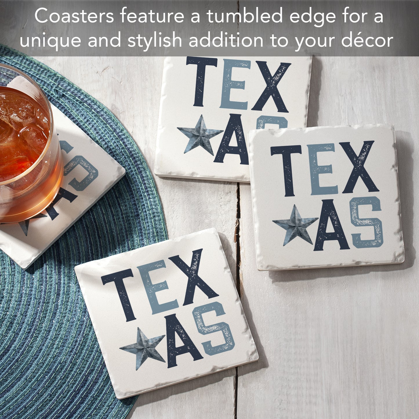 Thirstystone Patriotic Texas 4-Pack Tumbled Tile Stone Coasters 4" Square Manufactured in the USA