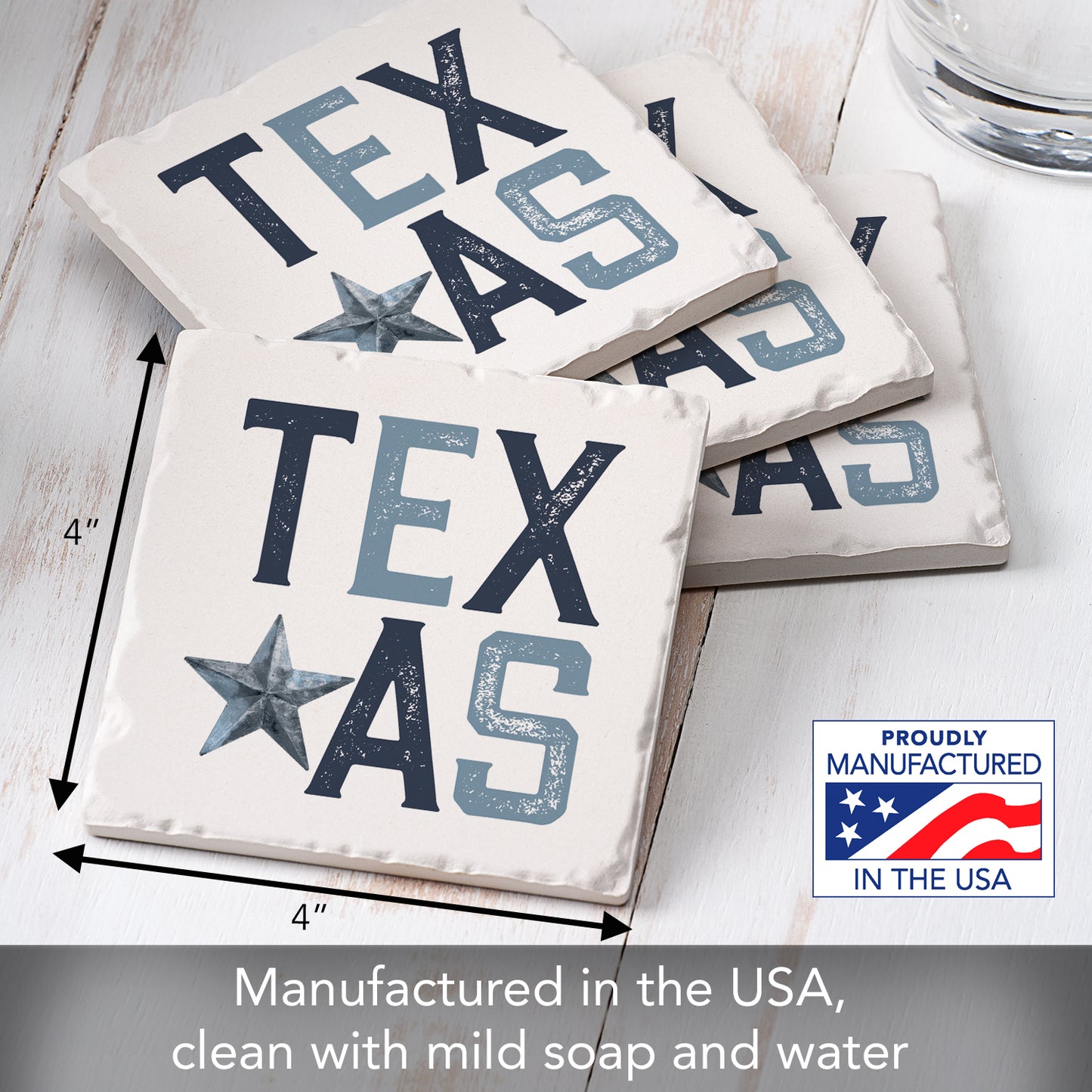 Thirstystone Patriotic Texas 4-Pack Tumbled Tile Stone Coasters 4" Square Manufactured in the USA