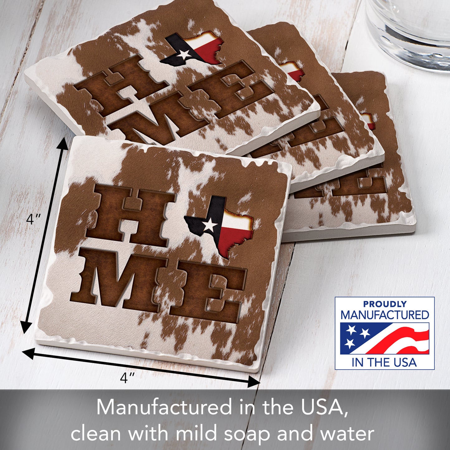 Thirstystone Texas Cowhide Home 4 Pack Tumbled Tile Stone Coasters 4" Square Manufactured in the USA
