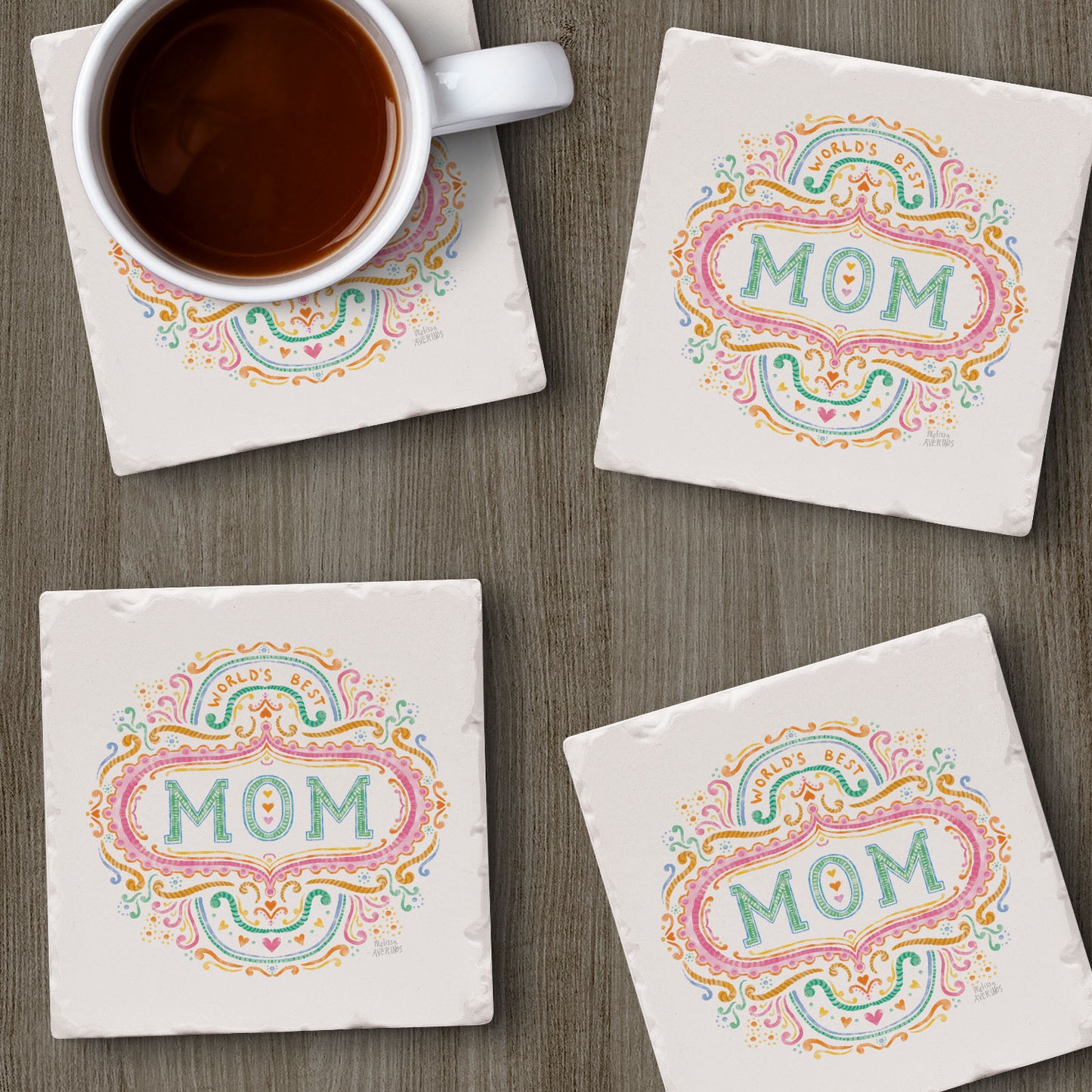 Thirstystone Mom 4P ack Tumbled Tile Stone Coasters 4" Square Manufactured in the USA