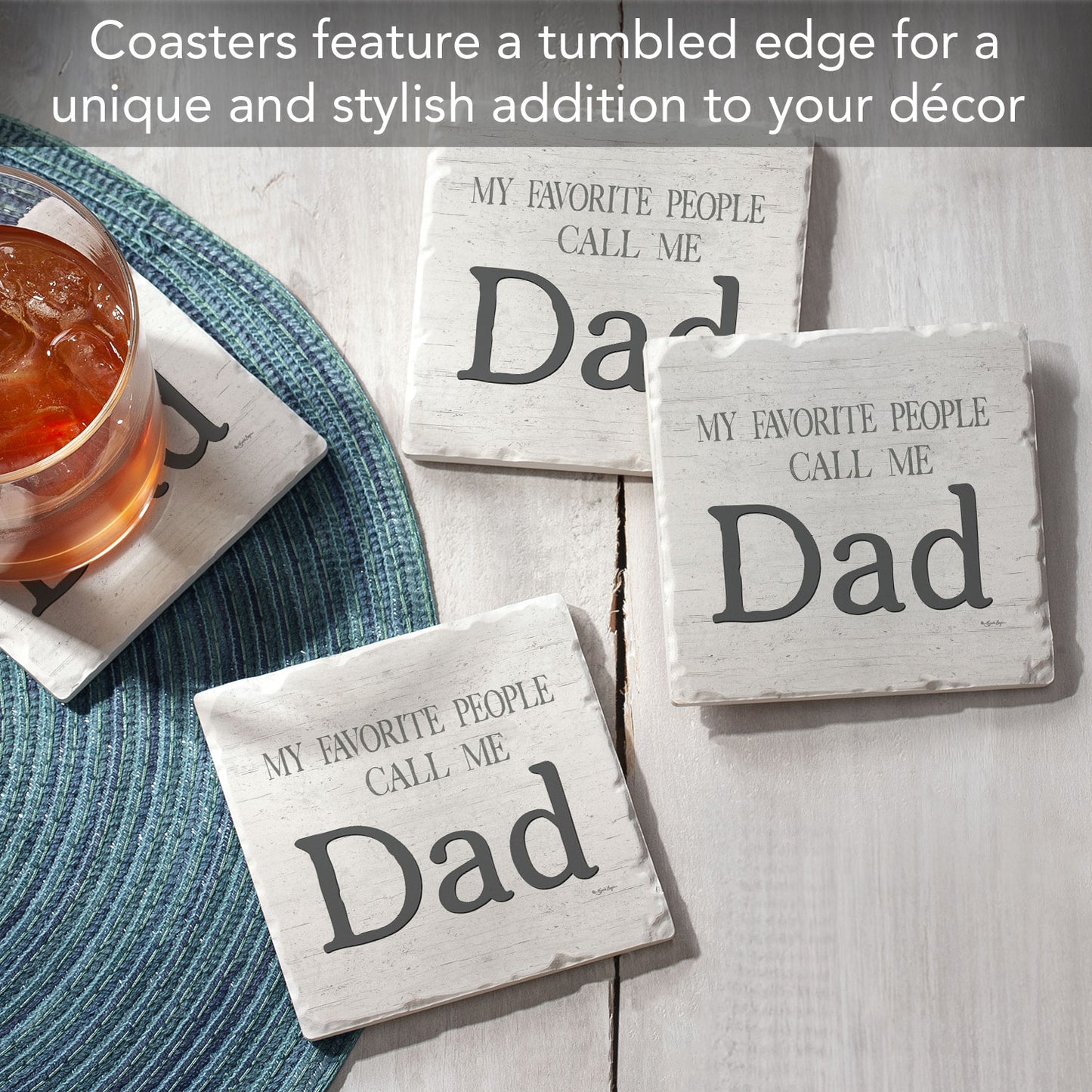 Thirstystone Dad Favorite 4 Pack Tumbled Tile Stone Coasters with Protective Cork Backing 4" Square Manufactured in the USA