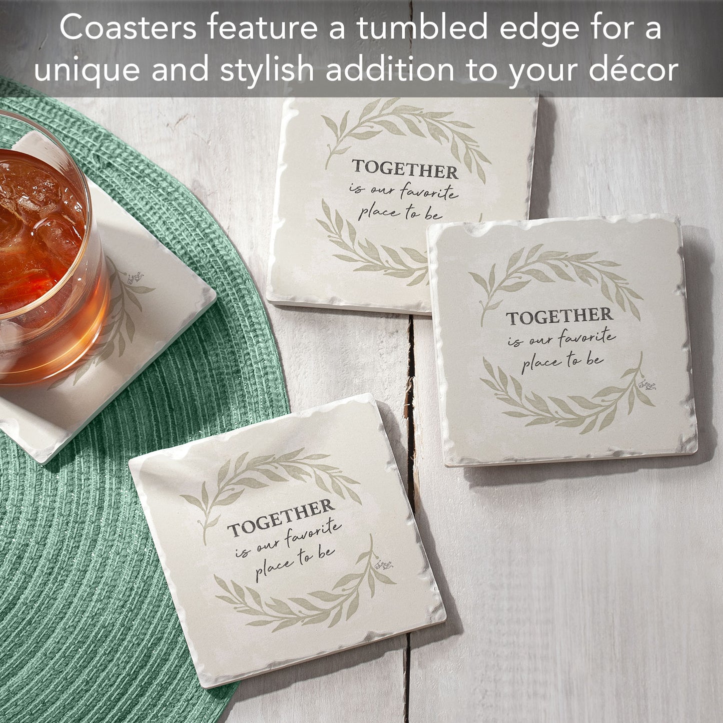 Thirstystone Favorite Place Together 4 Pack Tumbled Tile Stone Coasters 4" Square Manufactured in the USA