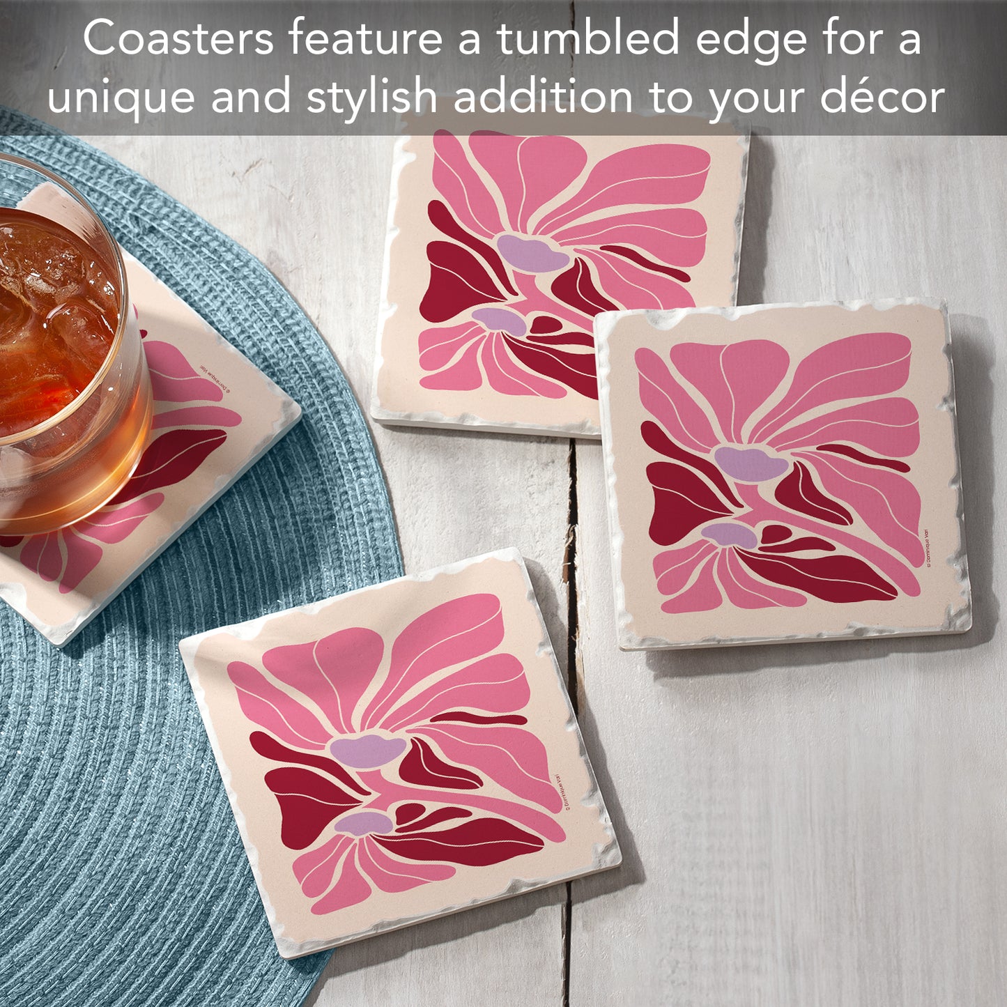 Thirstystone Pink Boho Floral 4 Pack Tumbled Tile Stone Coasters 4" Square Manufactured in the USA