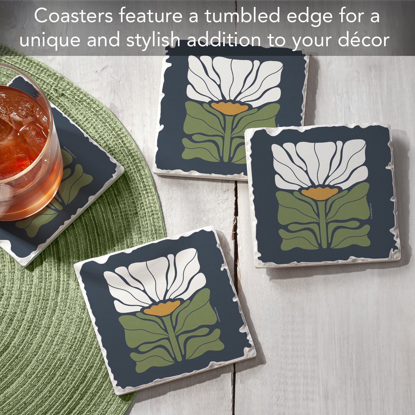 Thirstystone Bohemian Floral 4 Pack Tumbled Tile Stone Coasters 4" Square Manufactured in the USA