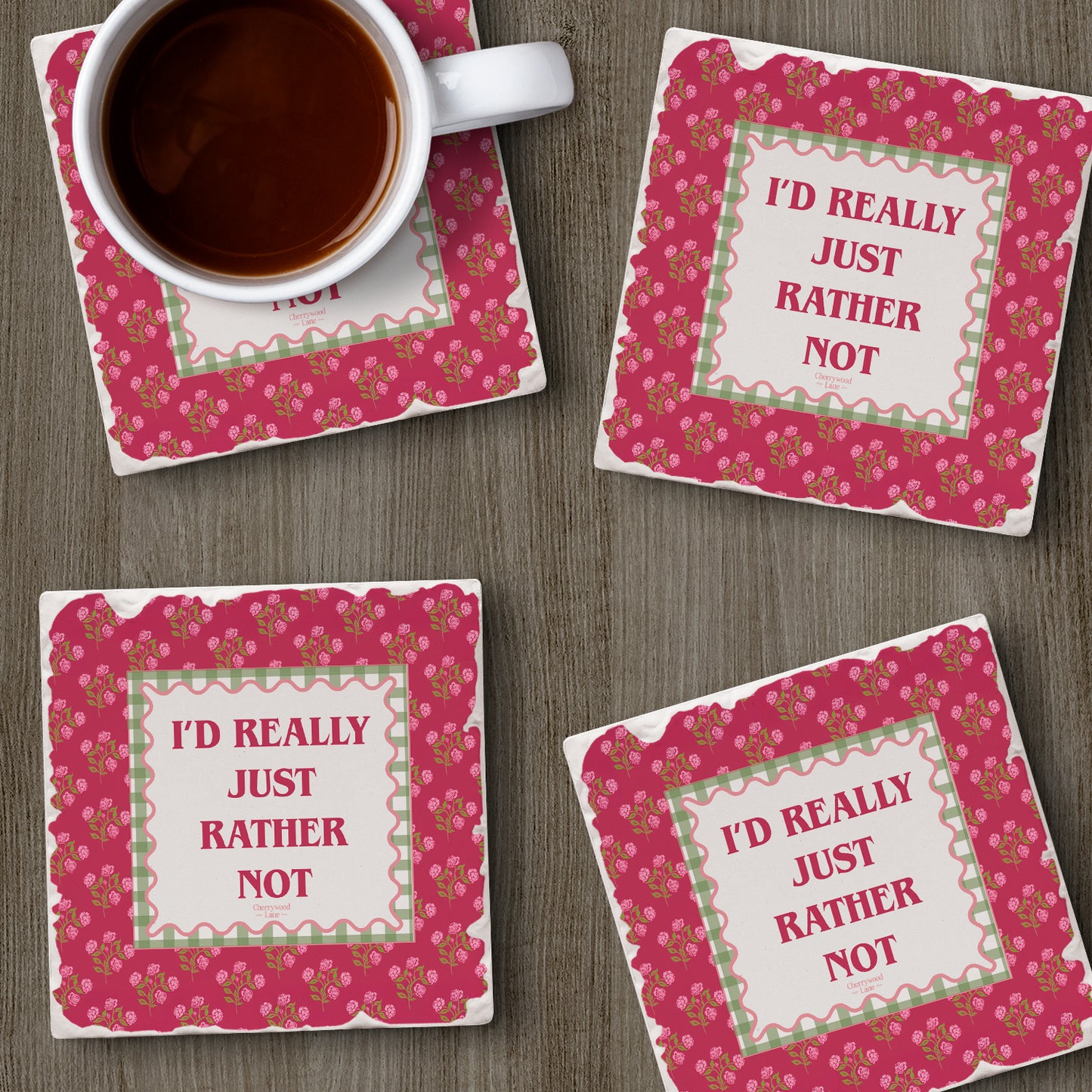 Thirstystone Really Rather Not 4 Pack Tumbled Tile Stone Coasters 4" Square Manufactured in the USA