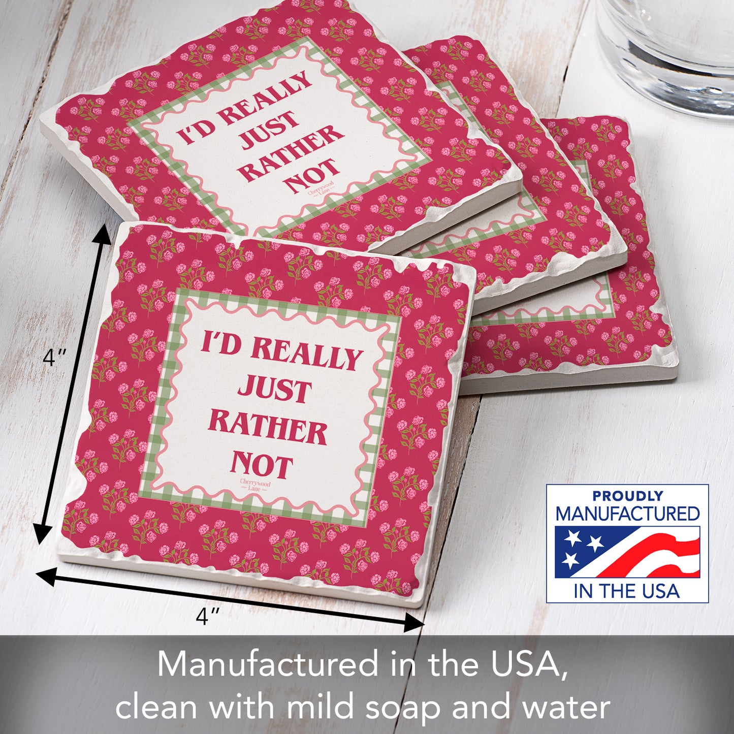 Thirstystone Really Rather Not 4 Pack Tumbled Tile Stone Coasters 4" Square Manufactured in the USA