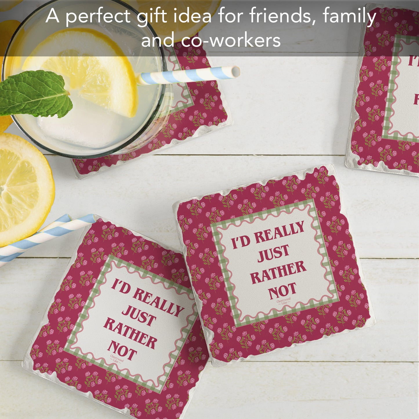 Thirstystone Really Rather Not 4 Pack Tumbled Tile Stone Coasters 4" Square Manufactured in the USA