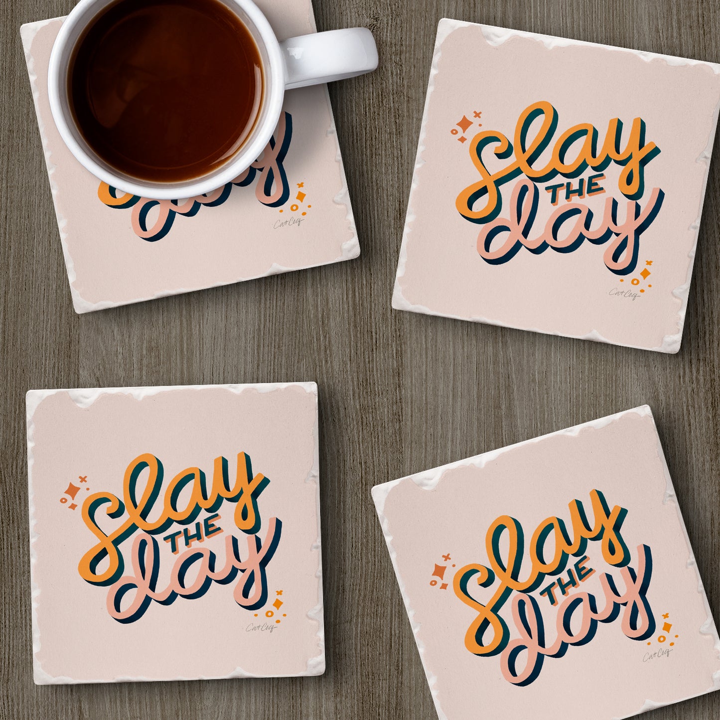 Thirstystone Slay The Day 4 Pack Tumbled Tile Stone Coasters 4" Square Manufactured in the USA