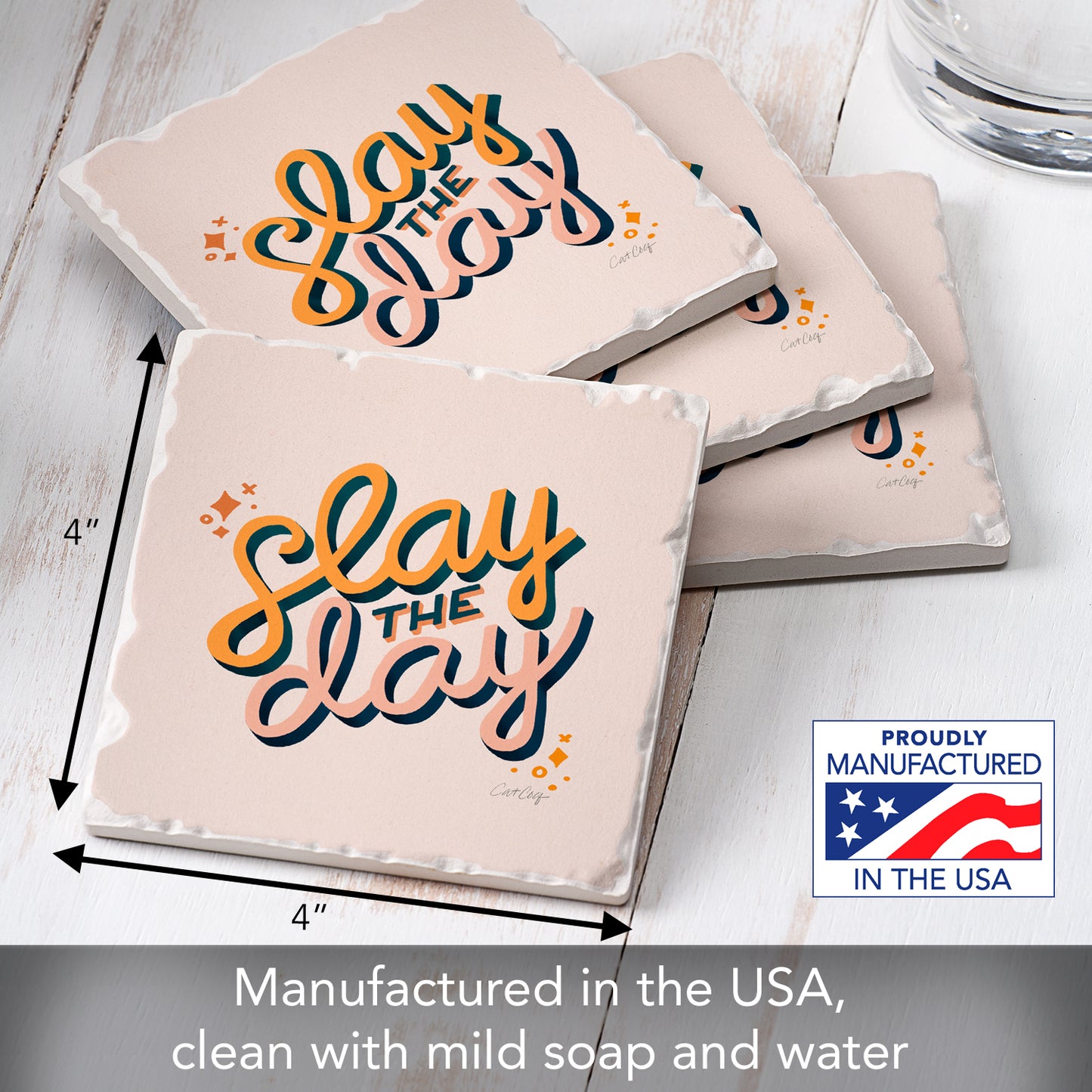 Thirstystone Slay The Day 4 Pack Tumbled Tile Stone Coasters 4" Square Manufactured in the USA