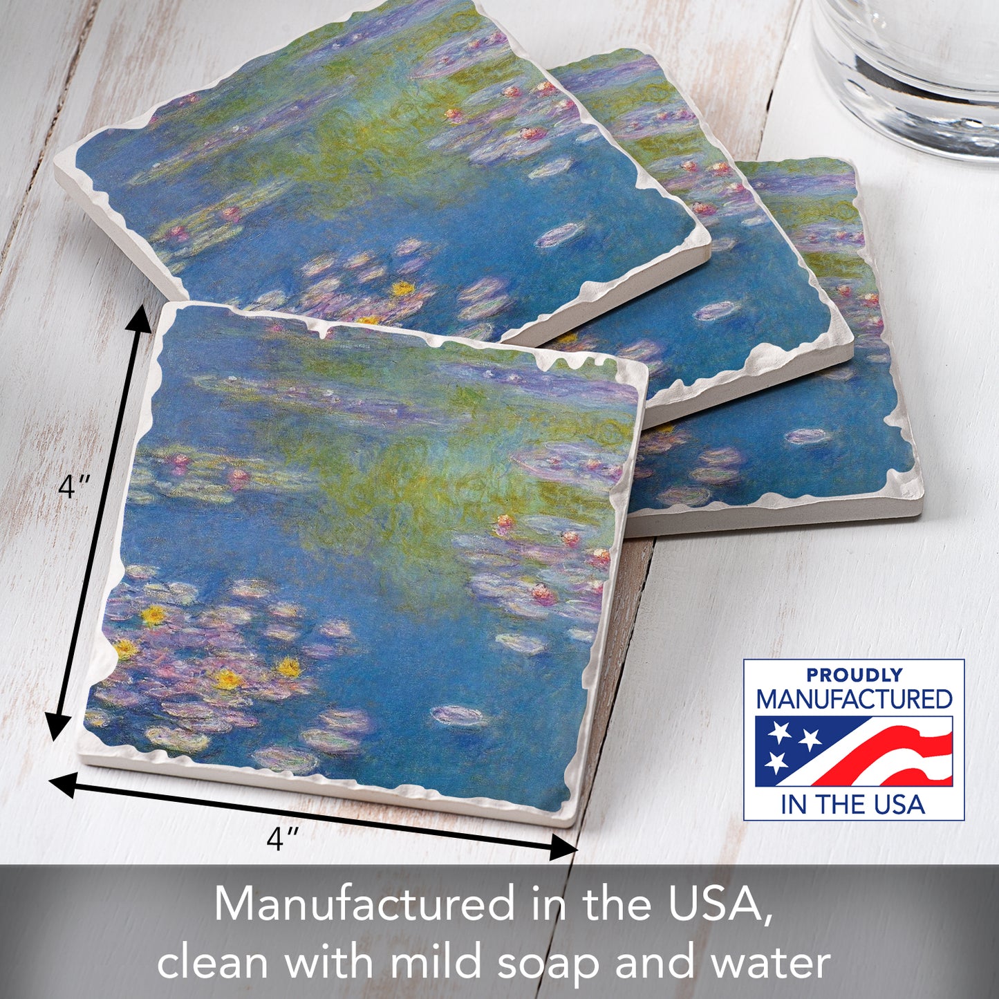Thirstystone Monet Water Lilies 4 Pack Tumbled Tile Stone Coasters 4" Square Manufactured in the USA