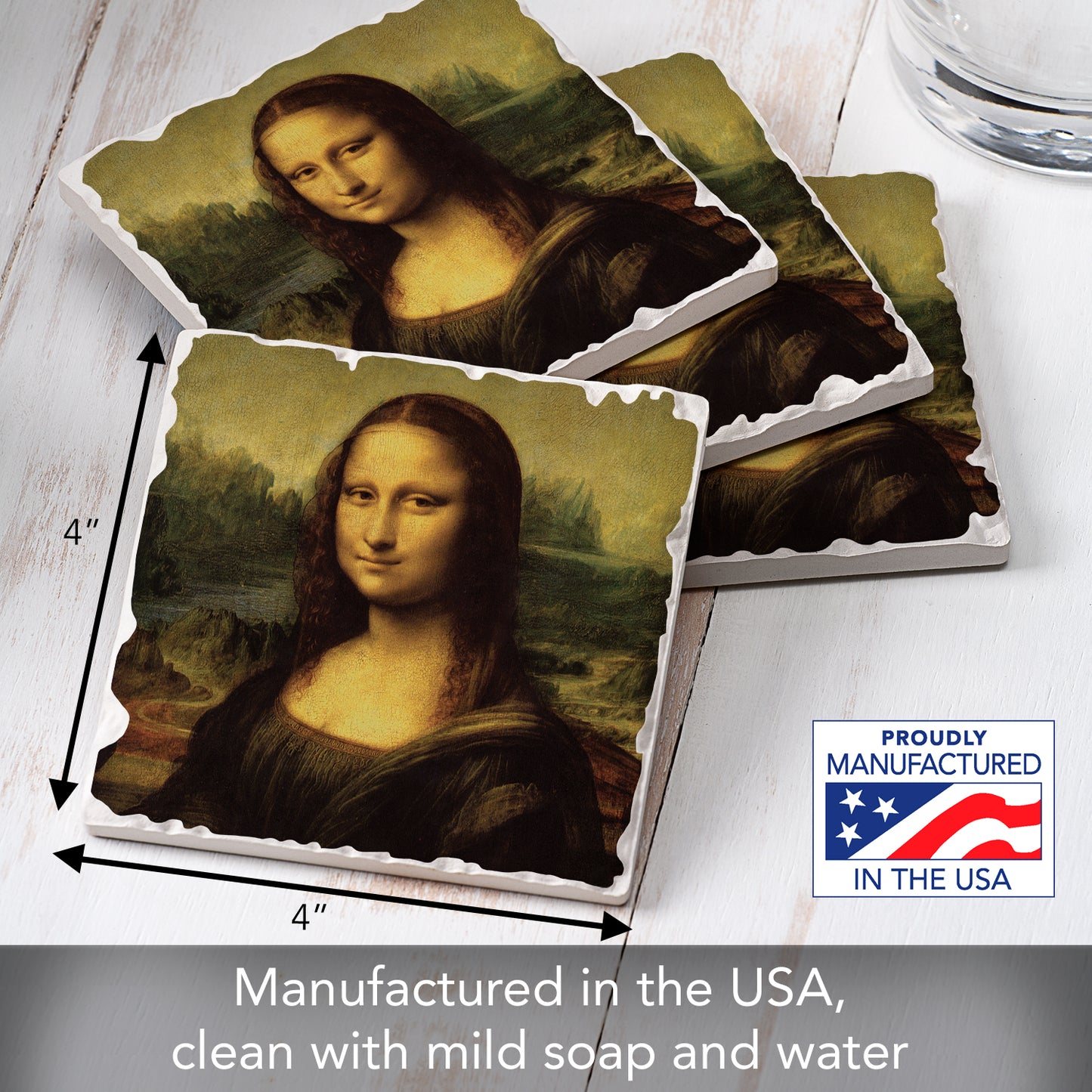 Thirstystone Mona Lisa 4 Pack Tumbled Tile Stone Coasters 4" Square Manufactured in the USA