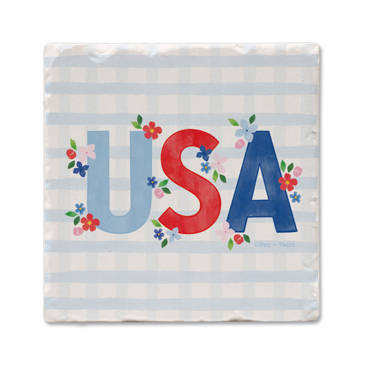 Thirstystone USA Gingham 4 Pack Tumbled Tile Coasters 4" Square