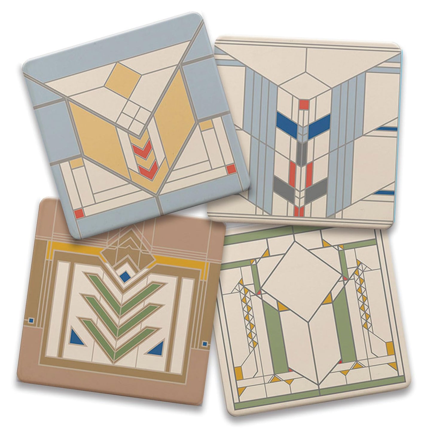 Chevron Designs by Frank Lloyd Wright 4-Pack Assorted Stone Coasters with Protective Cork Backing Manufactured in The USA Absorbent Easily Wipes Clean