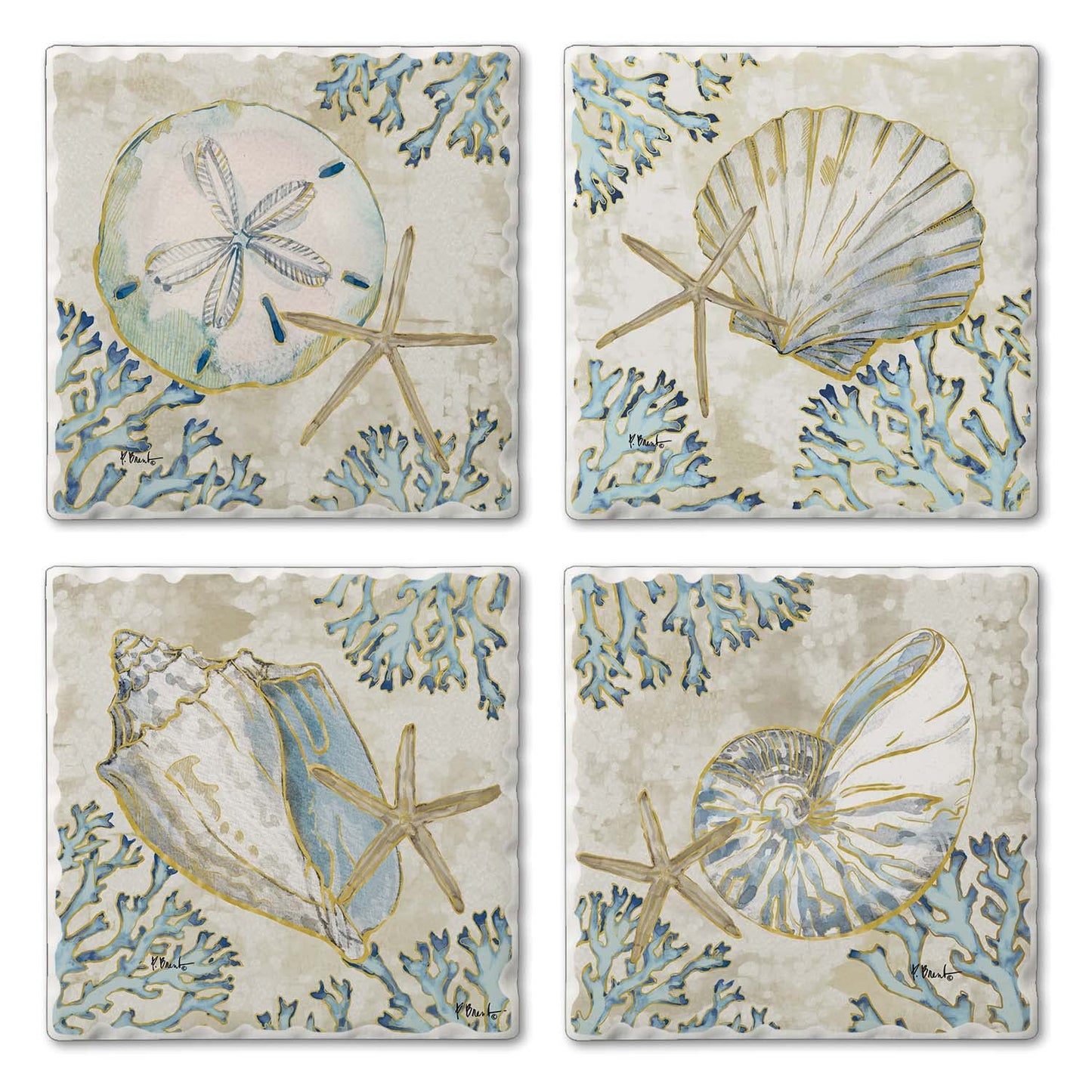 Thirstystone Playa Shells 4 Pack Assorted Tumbled Tile Stone Coasters 4" Square