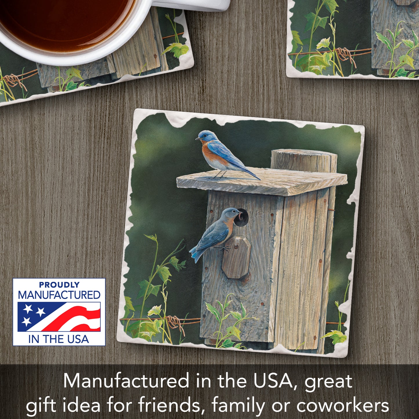Thirstystone Bluebird Home Single Tumbled Tile Stone Coaster with Protective Cork Backing Manufactured in The USA 4" Square, Artistic, Easily Wipes Clean