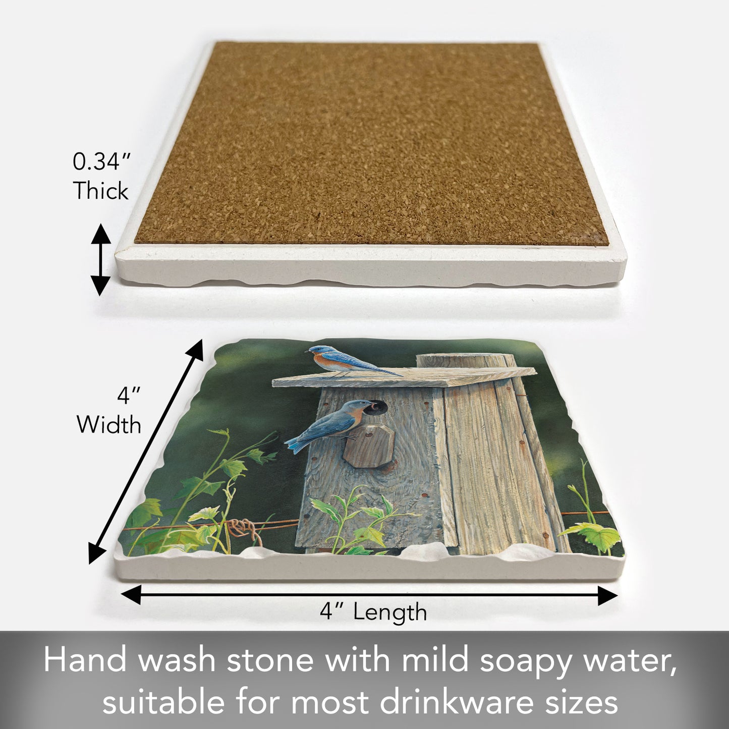 Thirstystone Bluebird Home Single Tumbled Tile Stone Coaster with Protective Cork Backing Manufactured in The USA 4" Square, Artistic, Easily Wipes Clean
