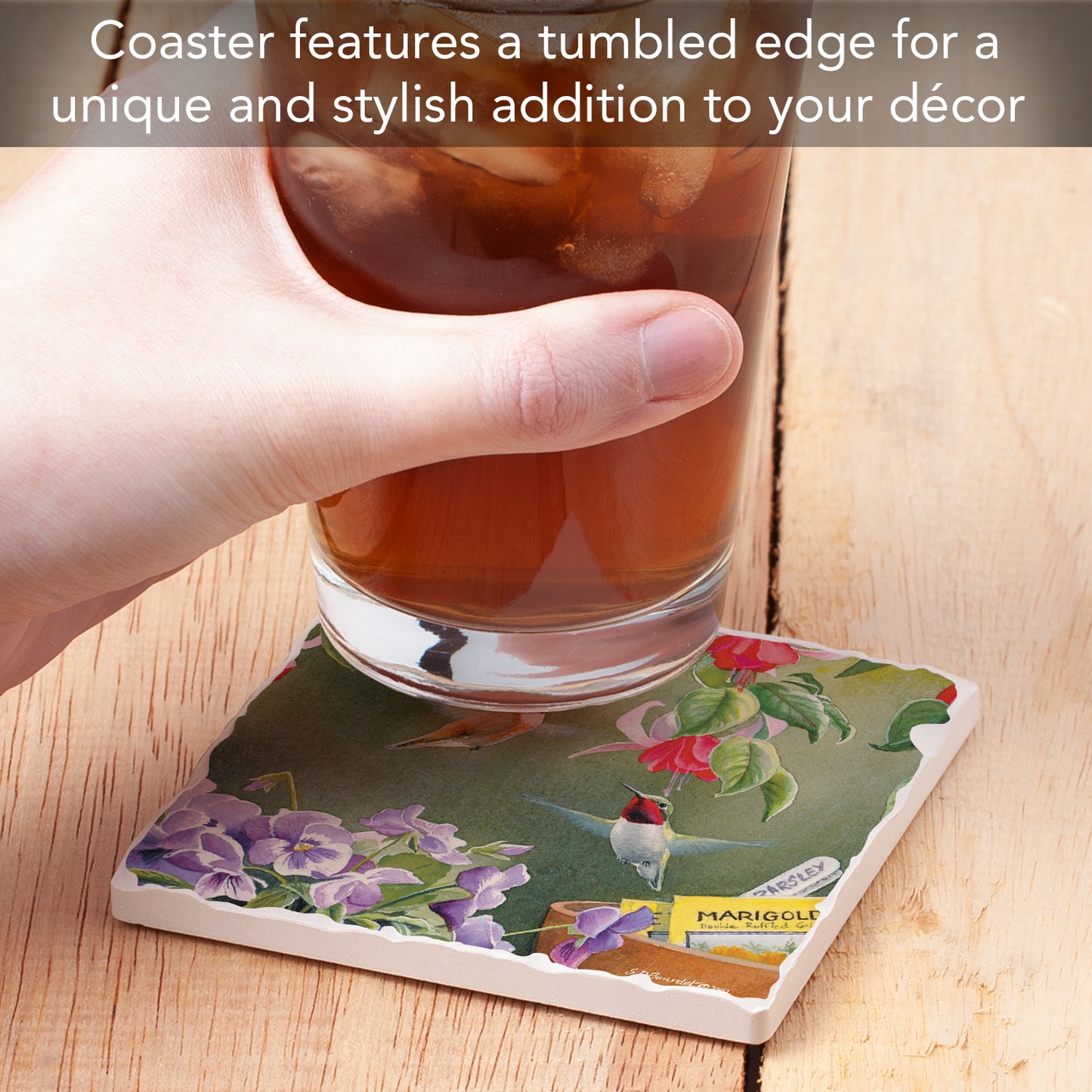 Thirstystone Hummingbird Floral Single Tumbled Tile Stone Coaster with Protective Cork Backing Manufactured in The USA 4" Square, Artistic, Easily Wipes Clean
