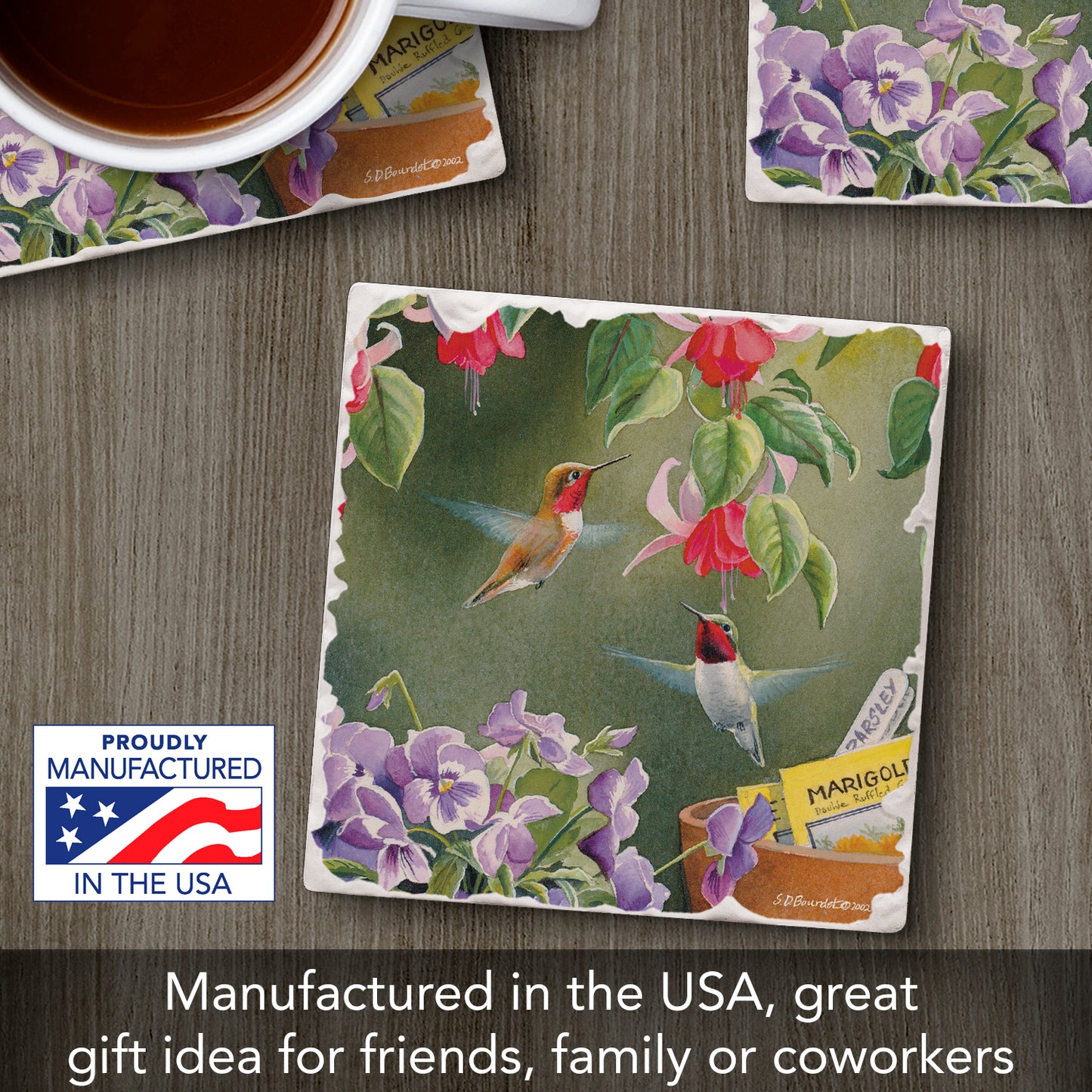 Thirstystone Hummingbird Floral Single Tumbled Tile Stone Coaster with Protective Cork Backing Manufactured in The USA 4" Square, Artistic, Easily Wipes Clean