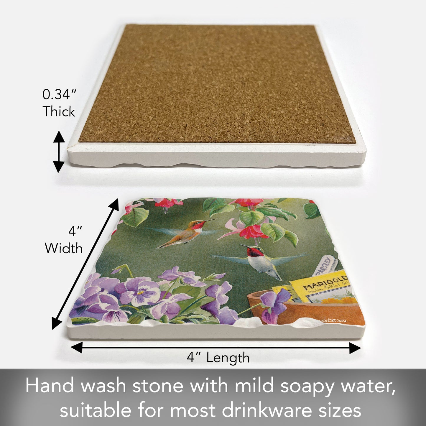Thirstystone Hummingbird Floral Single Tumbled Tile Stone Coaster with Protective Cork Backing Manufactured in The USA 4" Square, Artistic, Easily Wipes Clean
