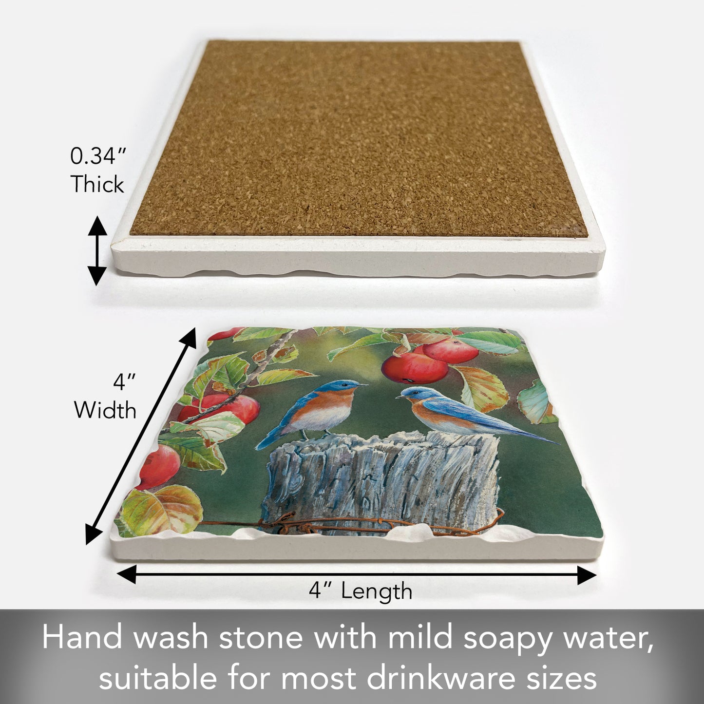Thirstystone Bluebird Pair Single Tumbled Tile Stone Coaster with Protective Cork Backing Manufactured in The USA 4" Square, Artistic, Easily Wipes Clean