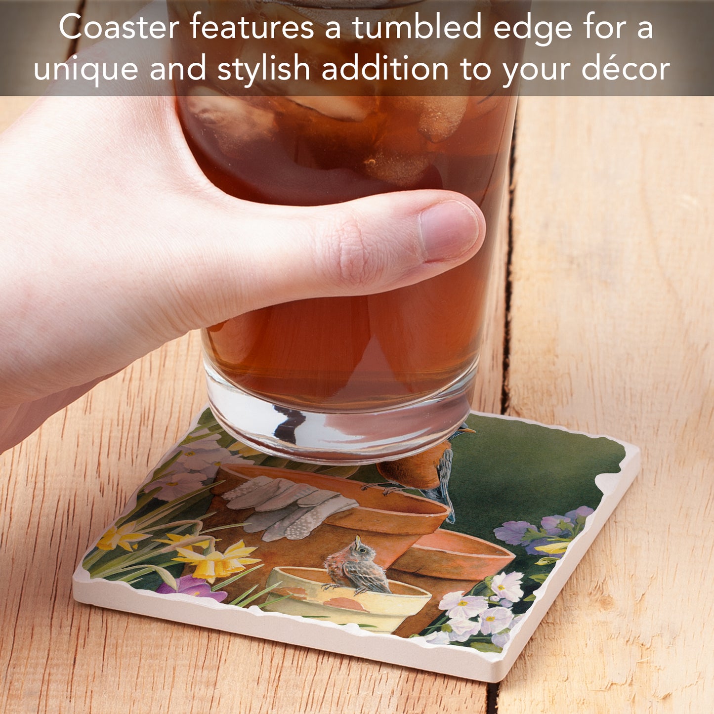 Thirstystone Gardening Friends Single Tumbled Tile Stone Coaster with Protective Cork Backing Manufactured in The USA 4" Square, Artistic, Easily Wipes Clean