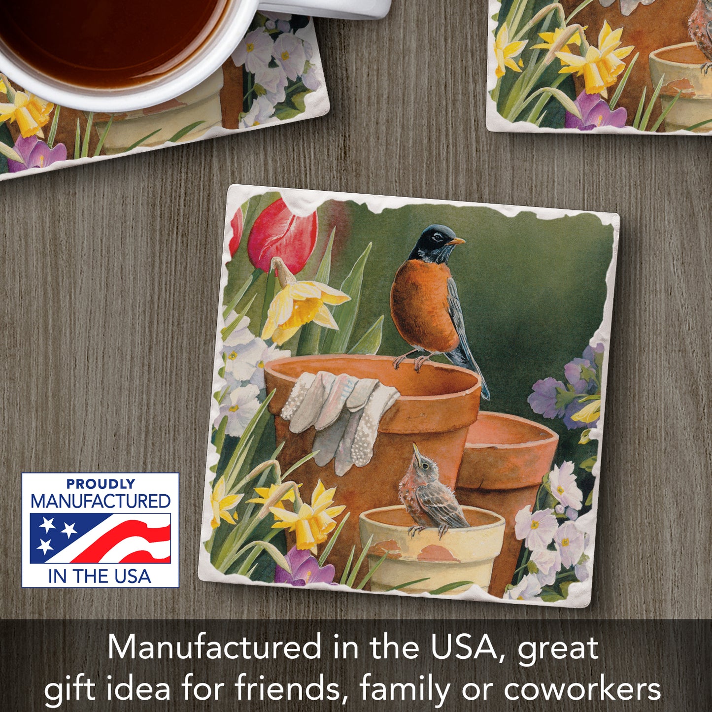 Thirstystone Gardening Friends Single Tumbled Tile Stone Coaster with Protective Cork Backing Manufactured in The USA 4" Square, Artistic, Easily Wipes Clean
